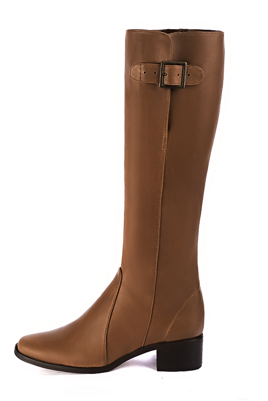 Caramel brown women's knee-high boots with buckles. Round toe. Low leather soles. Made to measure. Profile view - Florence KOOIJMAN